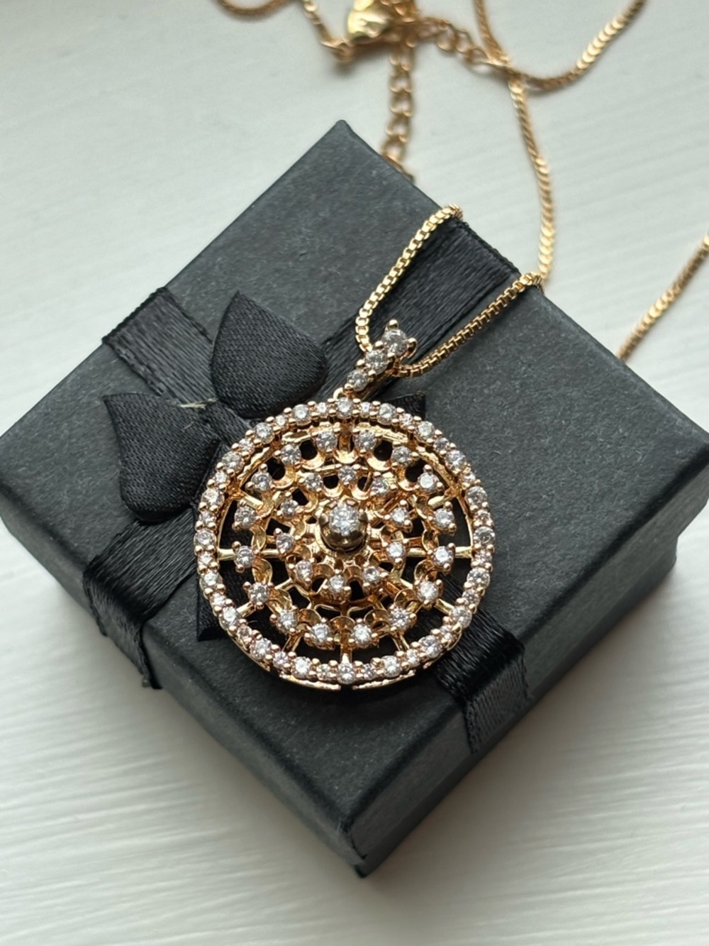 Rose Gold Spinning Medallion Necklace CZ Circle Pendant Rotating Layer Design